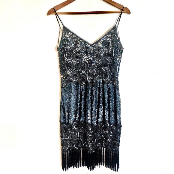 NAEEM KHAM RIAZEE Embellished 100% Silk Art Deco Fringe Dress - Picture 1 of 6